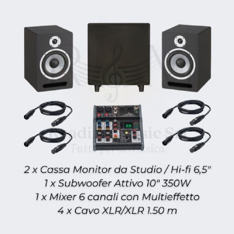 Bundle Audio Studio/Home HI-FI: 2 Casse + Subwoofer Attivo + Mixer Effetti + Cavi