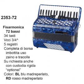 FISARMONICA 72 BASSI DAM 235372BL, 34 TASTI VOCI, 3/4 CON ZAINO E TRACOLLE, Col. Blu Madreperlato